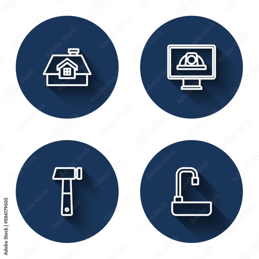 Set line House, Worker safety helmet, Hammer and Washbasin with long shadow. Blue circle button. Vector Set line House, Worker safety helmet, Hammer and Washbasin with long shadow. Blue circle button. Vector