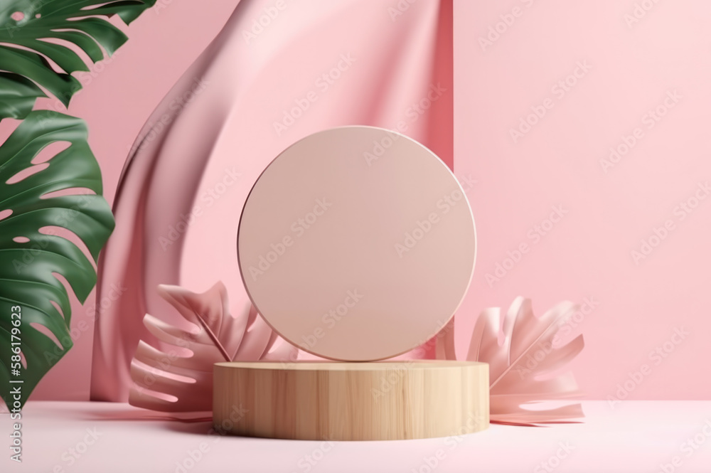 Empty pink 3D product mockup podium scene with tropical plants. Generative AI Empty pink 3D product mockup podium scene with tropical plants. Generative AI