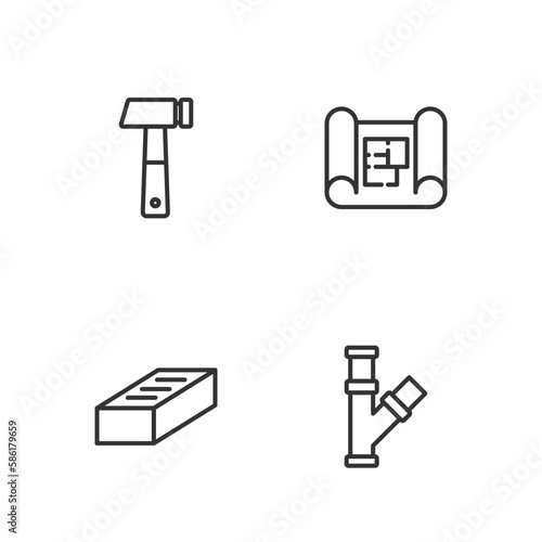 Set line Industry metallic pipe, Brick, Hammer and House plan icon. Vector