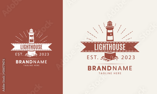 Lighthouse logo vector drawing, seascape, wave and mountain