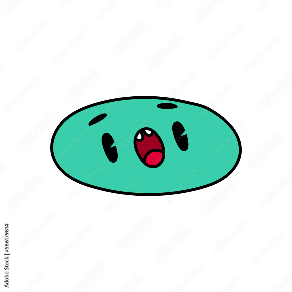 Fototapeta premium Turquoise oval hand drawn doodle isolated on white background. 70s style character, cute kawaii figures.