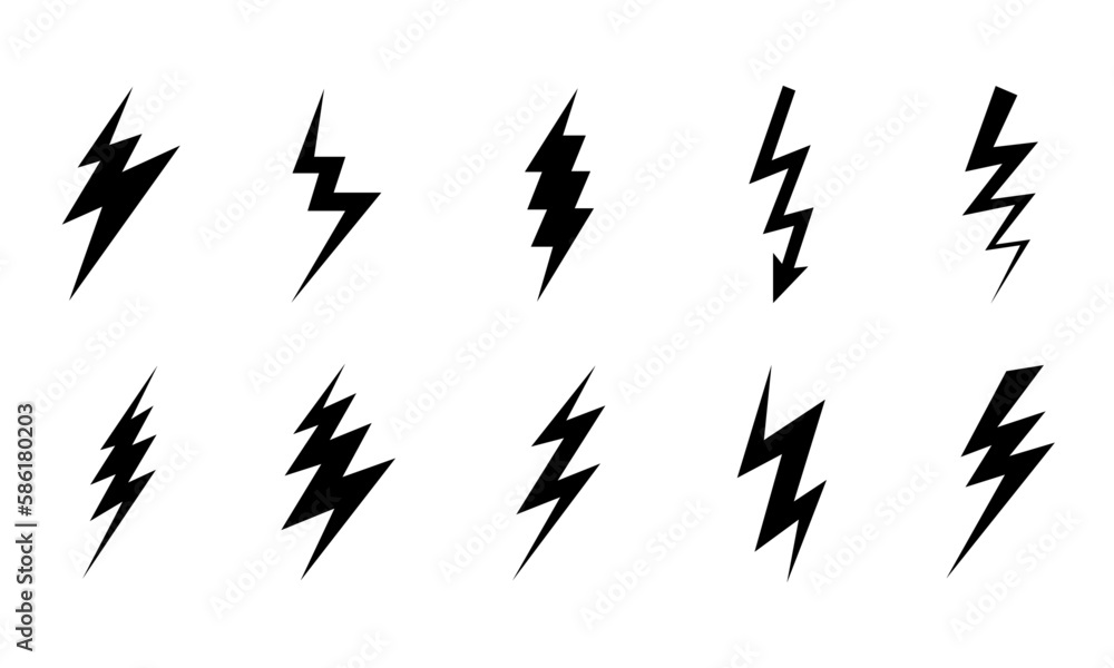 Fototapeta premium Set Of Black Lightning Bolt Vector Icon Illustration. Thunderbolt Flat Icon 