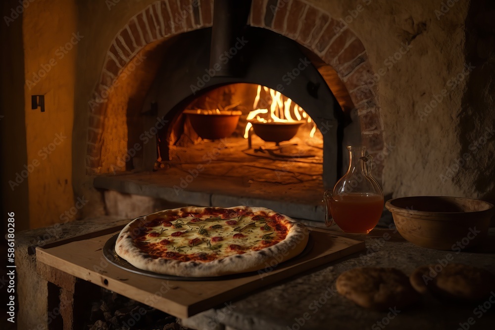 Pizza in front of a wood-fired oven as a digital illustration (Generative AI)