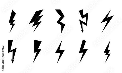 Set Of Black Lightning Bolt Vector Icon Illustration. Thunderbolt Flat Icon 