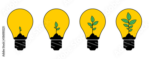 Profitable startups grow from fresh business ideas. Yellow glowing light bulbs, businessman watering and growing money trees. Flat vector illustration.
