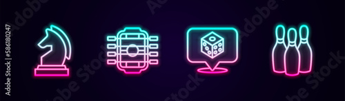 Set line Chess, Table football, Game dice and Bowling pin. Glowing neon icon. Vector