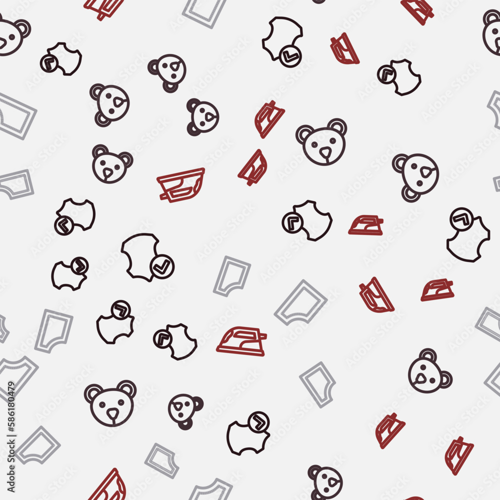 Set line Leather, Teddy bear plush toy, Sewing pattern and Electric iron on seamless pattern. Vector Set line Leather, Teddy bear plush toy, Sewing pattern and Electric iron on seamless pattern. Vector