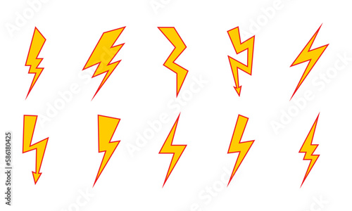 Set Of Yellow Lightning Bolt Vector Icon Illustration. Thunderbolt with a red line Flat Icon 