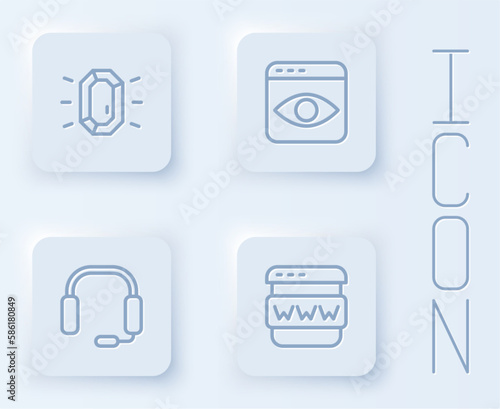 Set line Diamond, Personal information collection, Headphones and Browser window. White square button. Vector
