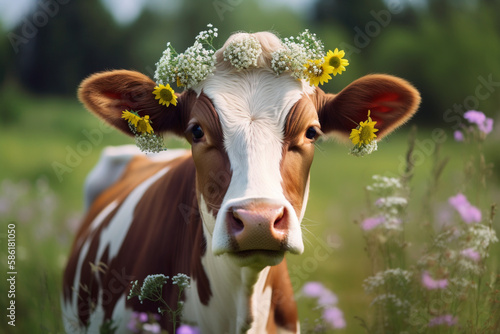 Generative Ai of a cow with a flower crown on a meadow.