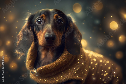 Generative AI of a cute dachshund in a sweater and santa hat. 