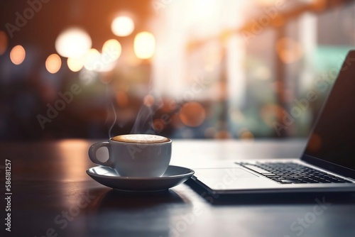 Blurred Cafe Table Background. Close-up Laptop and Coffee Cup on Tabletop for Business Workplace and Technology