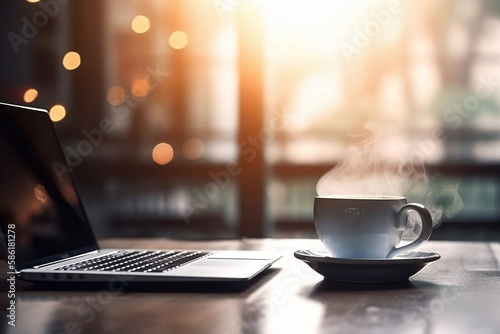 Blurred Cafe Table Background. Close-up Laptop and Coffee Cup on Tabletop for Business Workplace and Technology