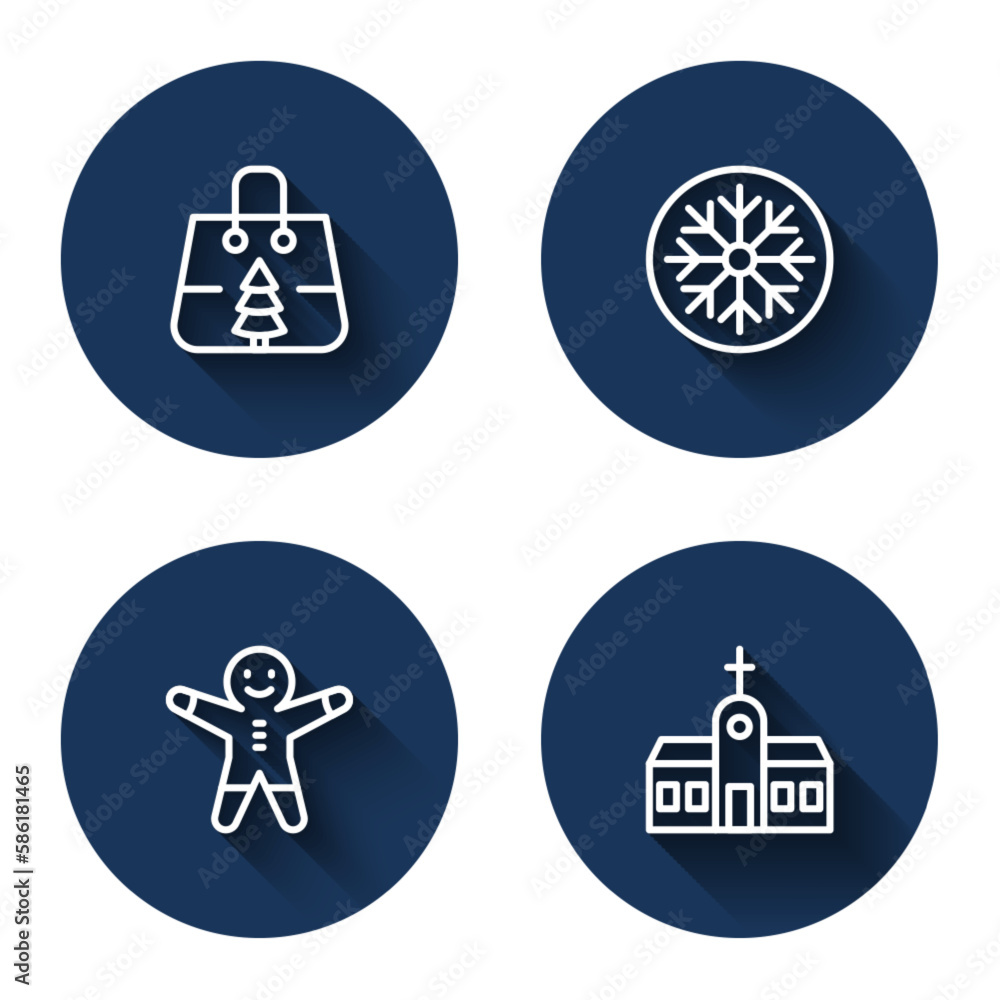 Set line Christmas shopping bag, Snowflake, Holiday gingerbread man cookie and Church building with long shadow. Blue circle button. Vector Set line Christmas shopping bag, Snowflake, Holiday gingerbread man cookie and Church building with long shadow. Blue circle button. Vector