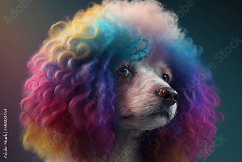 Grooming, purebred poodle dog with multi-colored curly hair. Portrait of funny hipster pet. Generative AI