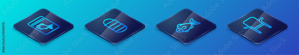 Set Isometric line Fish, Served fish on plate, Camping folding chair and Fishing net icon. Vector Set Isometric line Fish, Served fish on plate, Camping folding chair and Fishing net icon. Vector