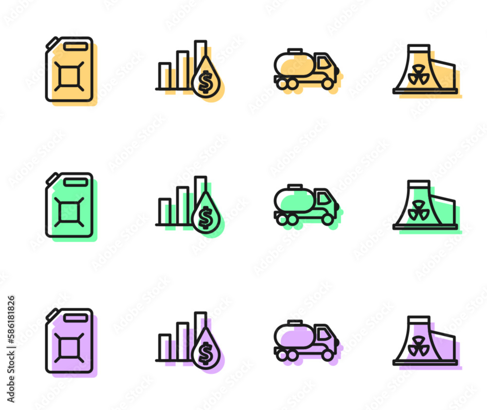Set line Tanker truck, Canister for gasoline, Pie chart and dollar and Nuclear power plant icon. Vector