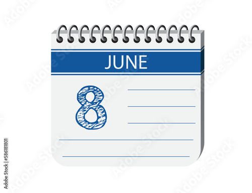 8 june calendar page vector. 3d one day calendar date appointment, deadline, event reminder illustration. Abstract three dimensional daily date calendar.
