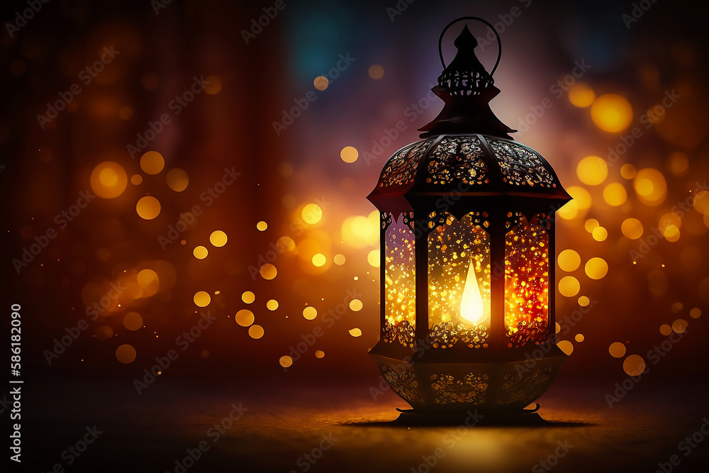 Lantern with a candle inside on a dark background, flickering light, luminescence, glowing lights, islamic wallpaper, ramadan background generated ai Lantern with a candle inside on a dark background, flickering light, luminescence, glowing lights, islamic wallpaper, ramadan background generated ai