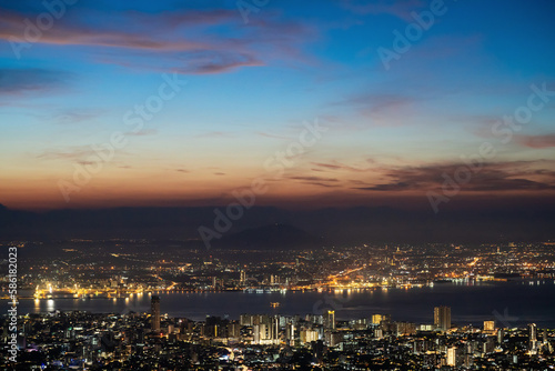 Penang Island & Mainland view from Penang Hill during sunrise with City lights