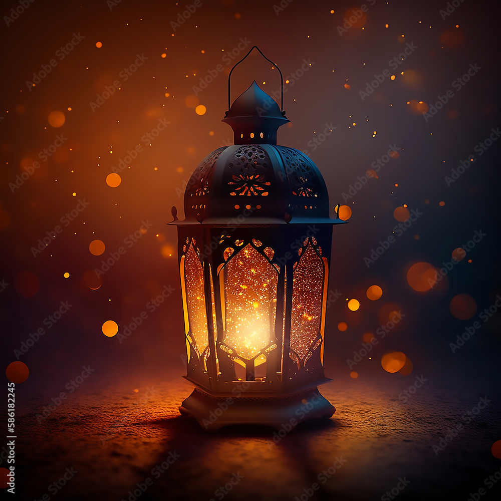 Lantern with a candle inside on a dark background, flickering light, luminescence, glowing lights, islamic wallpaper, ramadan background generated ai