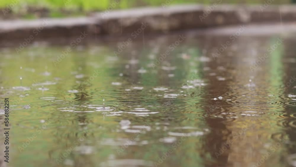Rain and puddles on the pavement. Autumn or spring rain outside. Rain outside, video from ground level. Wet asphalt Rain and puddles on the pavement. Autumn or spring rain outside. Rain outside, video from ground level. Wet asphalt