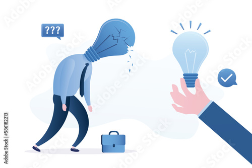 Burnout at work. Unhappy businessman with an extinguished light bulb instead of head. Big hand give new idea lightbulb. Problem with imagination and creativity.