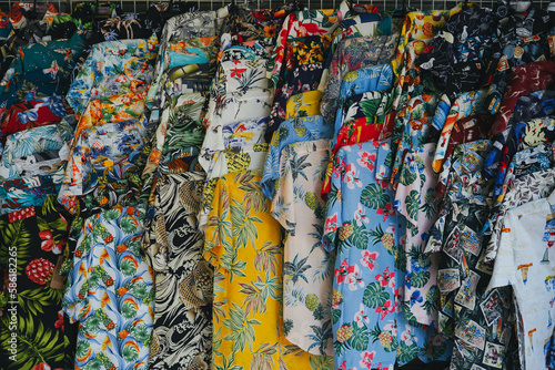 BANGKOK, THAILAND - JANUARY 20, 2019: Flowery and Fruity design beach shirt for man selling in local market
