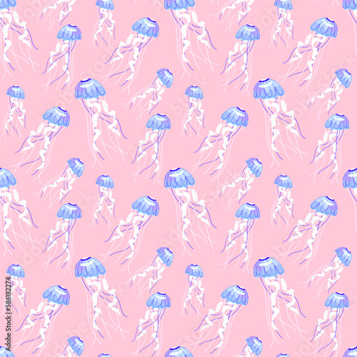 Underwater world with hand drawing jellyfish seamless pattern, concept of summer, sea, and ocean background or fabric design