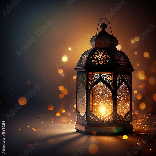 Lantern with a candle inside on a dark background, flickering light, luminescence, glowing lights, islamic wallpaper, ramadan background generated ai