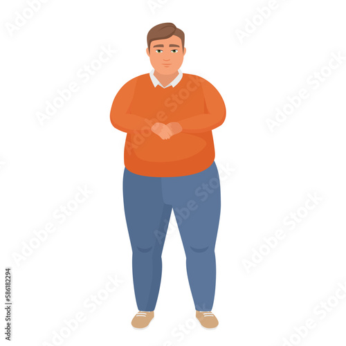 Serious fat man. Chubby boy in standing position, obese people vector cartoon illustration © lembergvector
