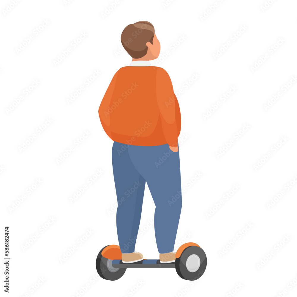 Obese man riding self balancing scooter. Chubby man using electric scooter vector cartoon illustration