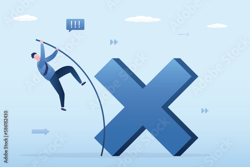 Confident businessman trying to jump through big cross sign. Student learning from mistake for career growth or being more professional, overcoming failure to become master.