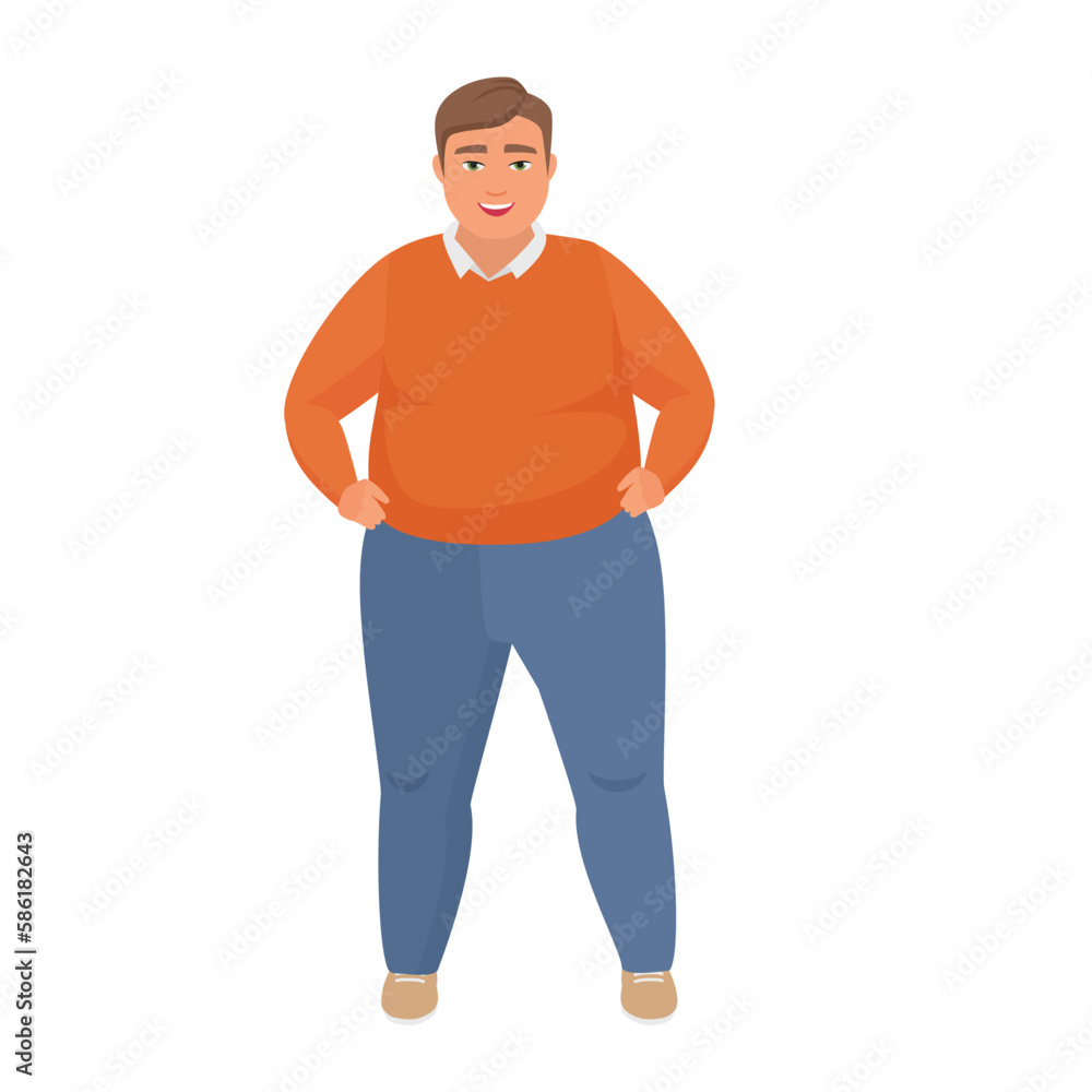 Confident fat man. Serious obese man in standing position vector cartoon illustration