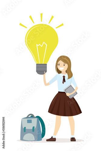 Happy caucasian schoolgirl holds idea bulb. Smart school girl after brainstorming. Pitching ideas on lesson. Cute smiling child. Genius student. Education, searching answers.