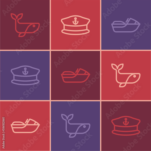 Set line Whale, Jet ski and Captain hat icon. Vector