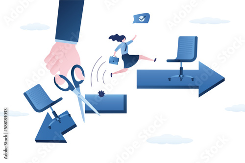 Ambitious female employee changes job. Boss hand cuts off arrow, dismissal from work. Improving working conditions, person goes to work in promising team.