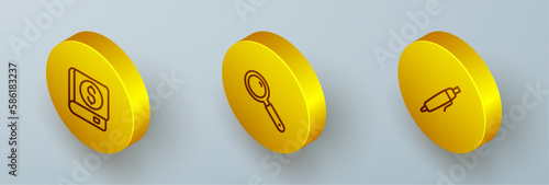 Set Isometric line Financial book, Magnifying glass and Pen icon. Vector