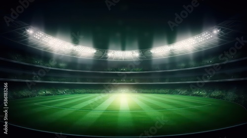 universal grass stadium illuminated by spotlights and empty green grass playground. Generative AI