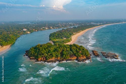 Aerial view of Bentota beach and the secret island, Sri Lanka