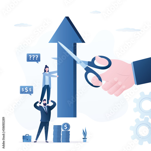 Business team holds big arrow, hand uses scissors and cuts off part of growing arrow. Economic crisis reduces profit of enterprise. Lack of development during recession.