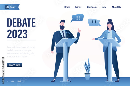 Debate 2023 before vote, landing page template. Leaders of opposing political parties talking on public debates. Two politicians debate on rostrum. Gender equality. Election campaign