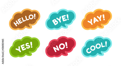 Cute speech bubble with short phrases hello, bye, yes, no, yay, cool icon set. Simple flat vector illustration.