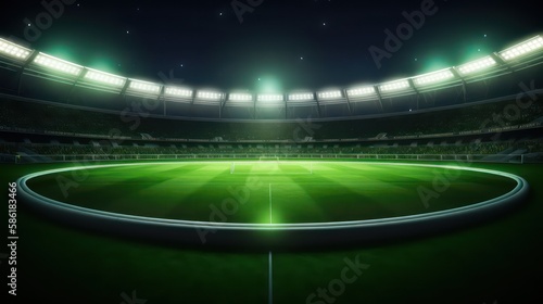 universal grass stadium illuminated by spotlights and empty green grass playground. Generative AI