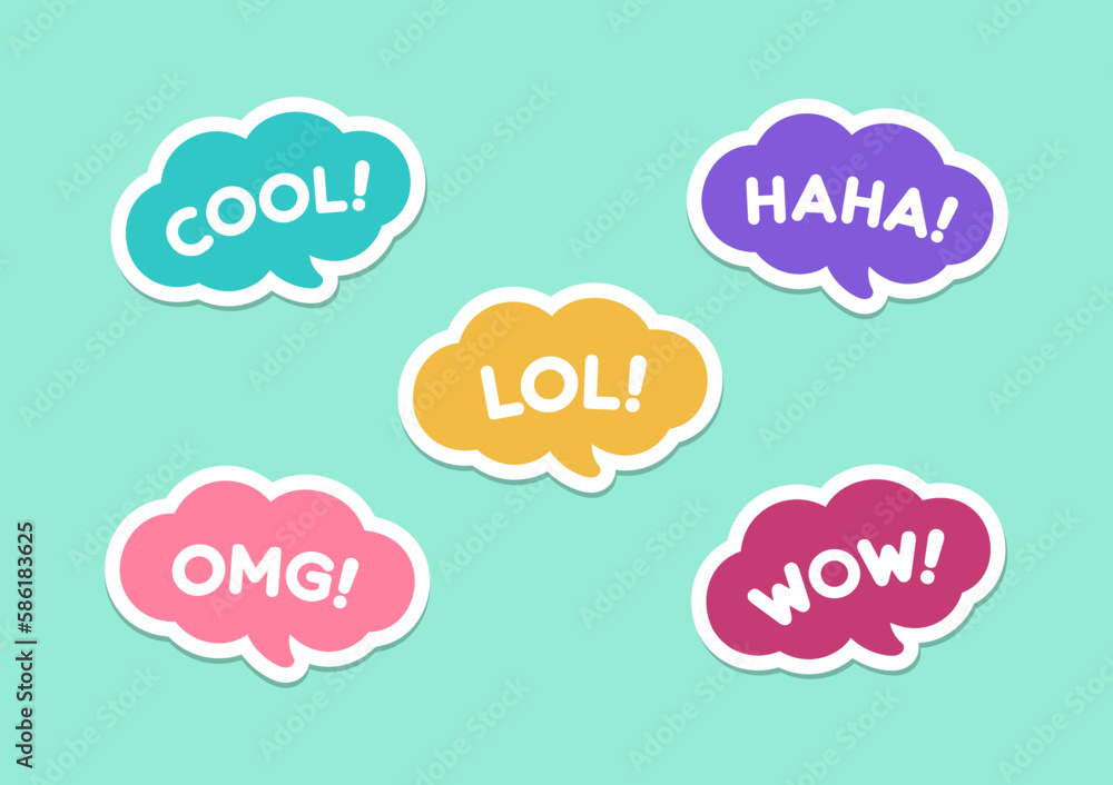 Cute speech bubble with short phrases cool, omg, wow, haha, lol online messaging icon set. Simple flat vector illustration. Cute speech bubble with short phrases cool, omg, wow, haha, lol online messaging icon set. Simple flat vector illustration.