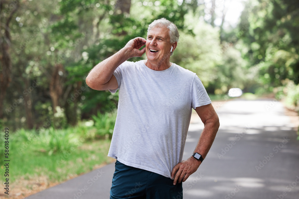 Happy, talking and man on a phone call while running, speaking about fitness and exercise in nature. Thinking, smile and a senior person laughing on a mobile while in a park for cardio and workout Happy, talking and man on a phone call while running, speaking about fitness and exercise in nature. Thinking, smile and a senior person laughing on a mobile while in a park for cardio and workout