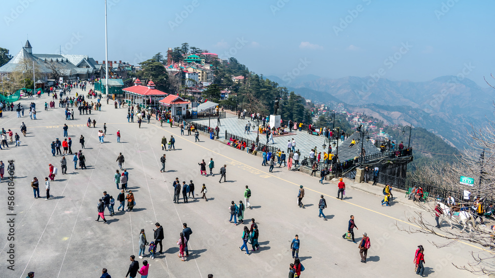 The Ridge road is a large open space, located in the center of Shimla, the capital city of Himachal Pradesh, India - obrazy, fototapety, plakaty 