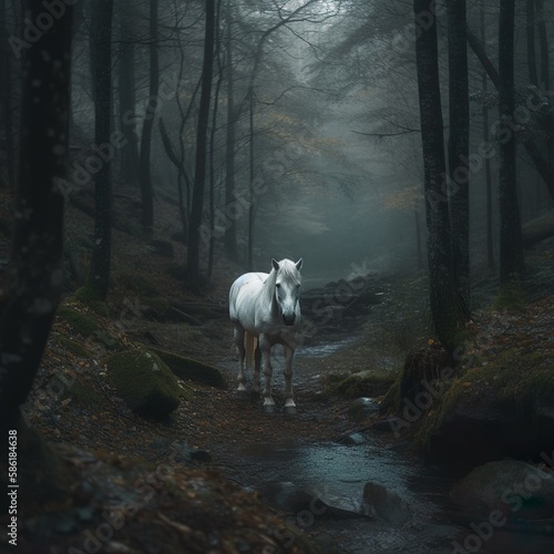 a white horse walking in a dark moody forest created with generative AI technology © nihas