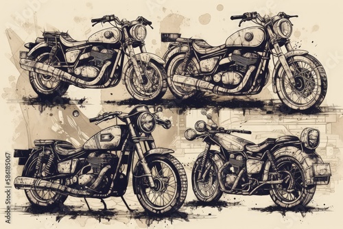 Illustration of three motorcycles parked side by side created with Generative AI technology