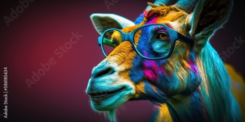 Cheerful goat with glasses isolated on dark background. Cool, smart goat, a pop art funk art painting. Generative AI
